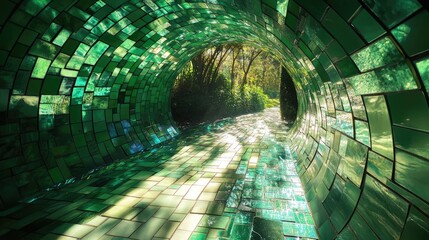 Poster - A beautiful green mosaic tunnel illuminated by sunlight, with emerald glass reflecting the natural light, creating a peaceful and ethereal atmosphere