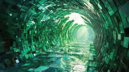 Poster - A beautiful green mosaic tunnel illuminated by sunlight, with emerald glass reflecting the natural light, creating a peaceful and ethereal atmosphere