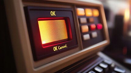 Close-up of vintage electronic device with screen displaying 