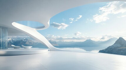 Poster - A futuristic white architectural structure with clean lines, offering a stunning view of a vast mountain range, creating a striking contrast between design and nature