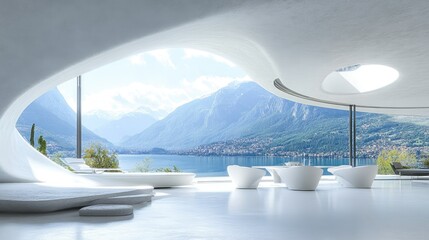 Poster - A minimalist futuristic white architectural design with panoramic views of the mountains, harmonizing modern aesthetics with the natural environment