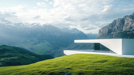 Poster - A minimalist futuristic white architectural design with panoramic views of the mountains, harmonizing modern aesthetics with the natural environment