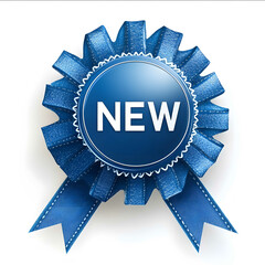 blue award ribbon badge with a large round centerwith a letter NEW on it vector illustration white background 3D rendering simple design high resolution high quality h