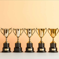 Wall Mural - 12 different gold trophies lined up in a row beautifully carved simple pattern solid color background