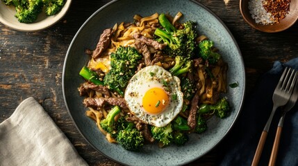 Wall Mural - A delicious plate of Pad See Ew, Thai stir-fried noodles with tender slices of beef, broccoli, and egg, seasoned with sweet soy sauce and garlic.