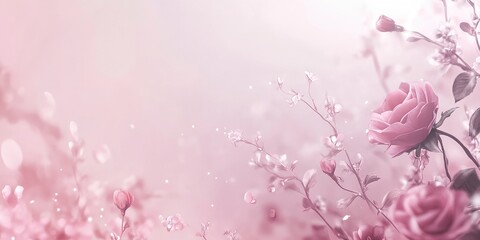 Wall Mural - A soft pink background with delicate roses, perfect for Valentine's Day or Mother's Day. A banner design with copy space and an elegant style. High resolution, high quality, high detail, professional 