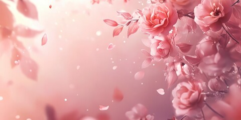 Wall Mural - A soft pink background with delicate roses, perfect for Valentine's Day or Mother's Day. A banner design with copy space and an elegant style. High resolution, high quality, high detail, professional 