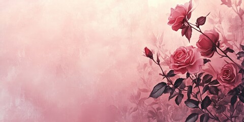 Wall Mural - A soft pink background with roses and copy space for text, a Valentine's Day theme, a pastel color scheme, a minimalistic design, a blurred background of the rose garden, a romantic and dreamy atmosph