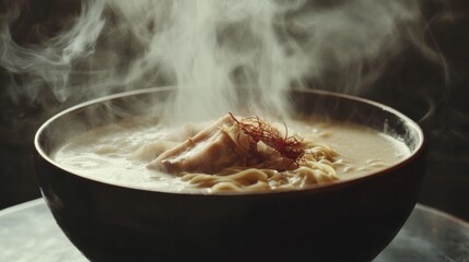 Wall Mural - A steaming bowl of delicious tonkotsu ramen, featuring rich and creamy pork bone broth, tender noodles, and slices of melt-in-your-mouth chashu pork.