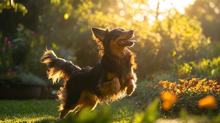 Wall Mural - Happy dog leaping joyfully in a sunlit garden.