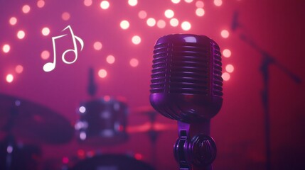 Aufkleber - Retro microphone on stage with drum set and bokeh lights.