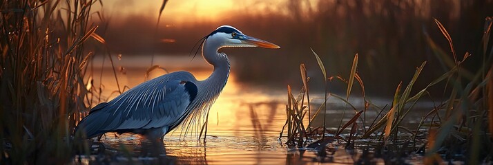 Aufkleber - Majestic heron wading in golden sunset light, serene nature scene.