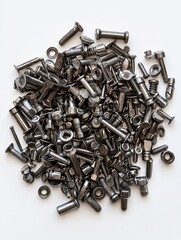 Aufkleber - A pile of various dark gray metal bolts, nuts, and washers on a white background.