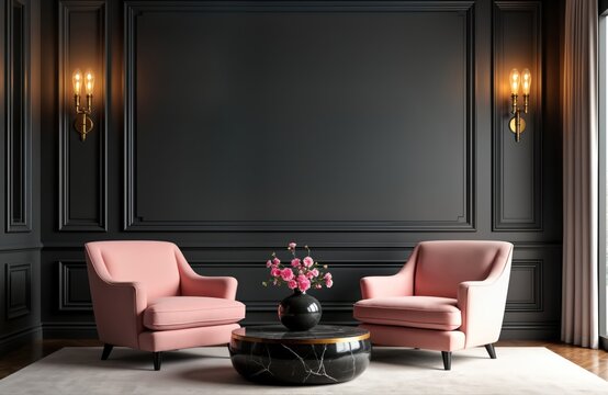 luxury living room features dark gray walls with decorative molding. rose pink armchairs, gold-edged