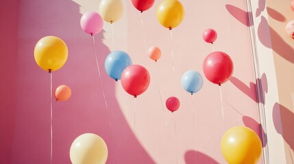 Poster - Colorful balloons floating against a pink wall, illuminated by sunlight.