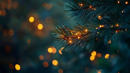 Poster - Illuminated pine branch with bokeh lights.