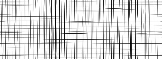 Black cross hatch seamless texture. Repeated straight line pattern surface. Rough sackcloth fabric background. Crosshatch linen canvas burlap overlay wallpaper. Vector textile backdrop