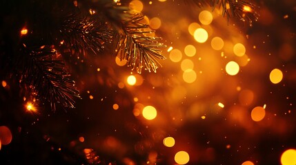 Poster - Festive winter background with fir branch and bokeh lights.