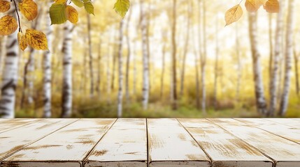 Poster - Empty white wooden table against blurred autumn forest background.