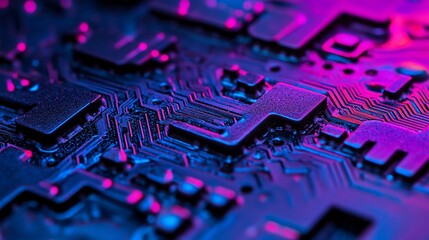 Aufkleber - Close-up of a circuit board with vibrant pink and blue lighting, showcasing intricate circuitry and technological detail.