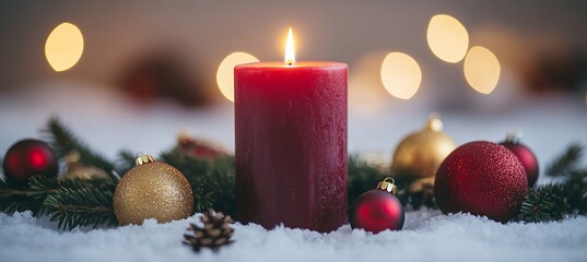 Poster - Burning candle with Christmas ornaments and pine branches on snow.
