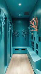 Wall Mural - Teal Room Decorated With Coral Sculptures And Built In Seating