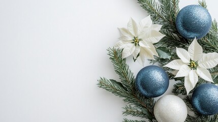 Poster - Flat lay of white poinsettias, blue ornaments, and fir branches on white background.