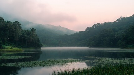 Fototapete - Misty sunrise over serene lake nestled in lush green mountains.