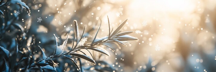 Aufkleber - Snow-covered plant branch in soft sunlight, winter bokeh background.