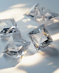 Aufkleber - Sparkling princess-cut diamonds scattered on a light grey surface, illuminated by soft sunlight.