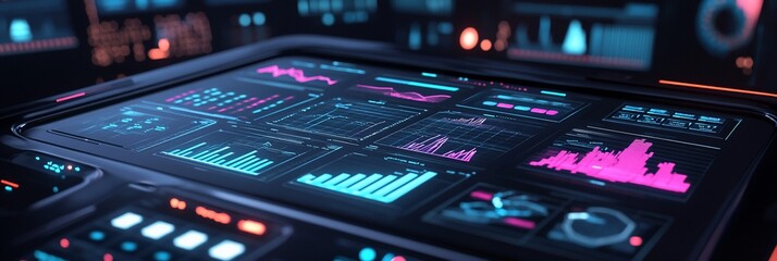Fototapete - Futuristic digital dashboard displaying data graphs and charts on a sleek, dark surface.