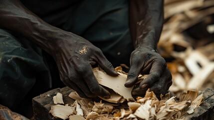 Aufkleber - Close-up of dark hands skillfully carving wood, creating wood shavings.