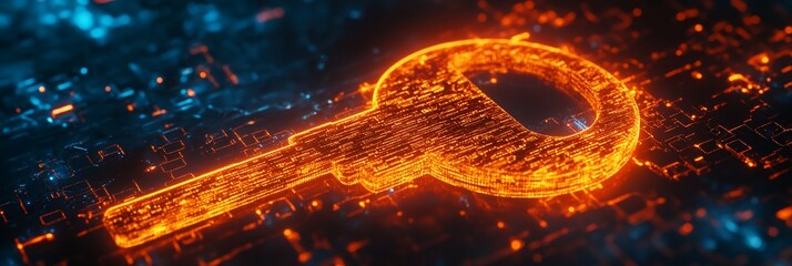 Fototapete - Fiery digital key glowing on a circuit board.