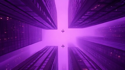 Poster - Low angle view of skyscrapers in purple fog at night.