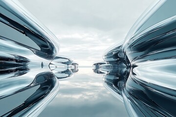 Poster - Abstract futuristic chrome architecture reflecting in calm water, under a cloudy sky.