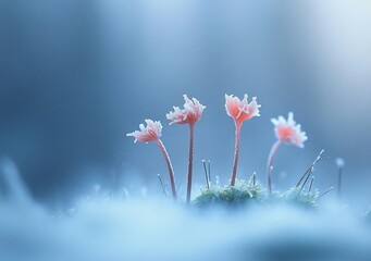 Aufkleber - Four delicate pink flowers emerge from a soft, fuzzy base, bathed in soft, diffused light against a blurred blue-grey background.
