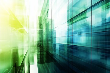 Poster - Abstract city landscape with green and blue glass buildings, sunlight reflecting.