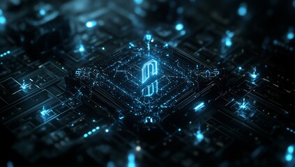 Poster - Glowing digital symbol on circuit board.