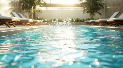 Sunlit resort pool with splashing water and lounge chairs.