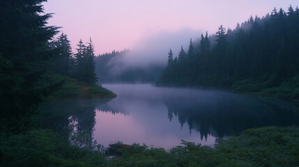 Poster - Serene dawn mist over still lake reflecting purple sky, shrouded evergreen forest.