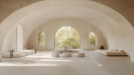 Aufkleber - Serene minimalist interior design with arched windows, sunlight, and neutral-toned furniture.