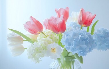 Aufkleber - Pastel pink and blue tulips and hydrangeas in a glass vase.