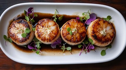 Poster - Four seared scallops arranged on an oblong white plate with a dark sauce and garnish.