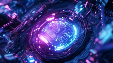 Aufkleber - Close-up of a futuristic, glowing circuit board with intricate details and vibrant neon purple and blue lighting.