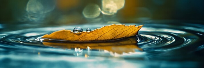 Sticker - Single autumn leaf floats on tranquil water, creating ripples and reflecting light.