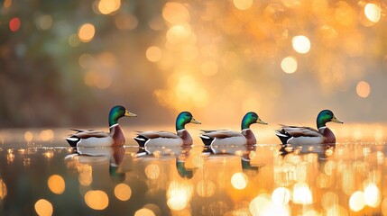 Poster - Four mallard ducks swimming in calm water at sunset, reflected in the water, with bokeh background.