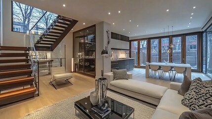 Aufkleber - Modern open-plan home interior with wooden staircase, glass walls, and contemporary furniture.