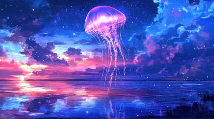 Wall Mural - glowing jellyfish floats over a vibrant sunset ocean scene.