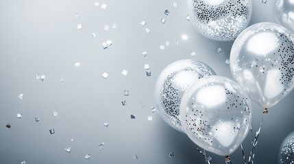 Poster - Silver balloons and confetti on a light gray background.