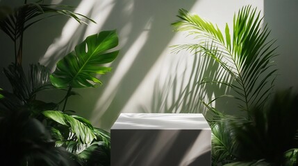Aufkleber - White cube product display surrounded by lush tropical plants and sunlight.